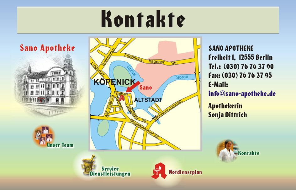Sano Apotheke in Berlin-Köpenick.Inhaberin Sonja Dittrich. Sie können Medikamente vorbestellen. Service und Informationen rund um die Gesundheit.