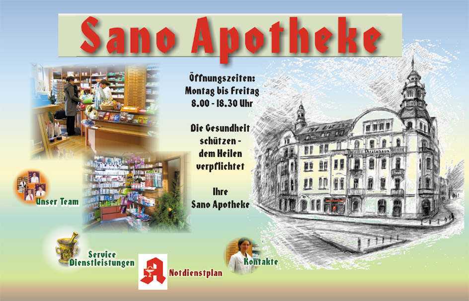 Sano Apotheke in Berlin-Köpenick.Inhaberin Sonja Dittrich. Sie können Medikamente vorbestellen. Service und Informationen rund um die Gesundheit.